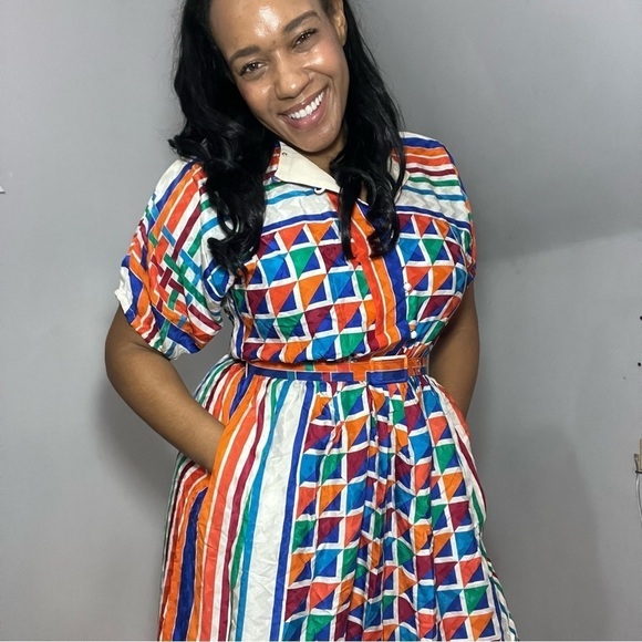 Vintage silk colorful A-line midi dress retro chic 80s twee bold graphic mod - Picture 14 of 15